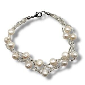 Faux Freshwater Baroque Pearl Cluster Seed Bead Bracelet Silver Tone Closure